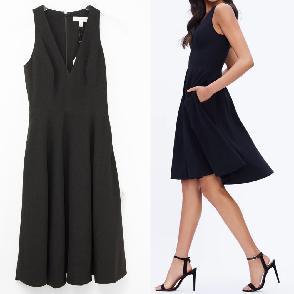 Dress The Population Catalina Dress Fit & Flare V-neck Midi Black Size XS New